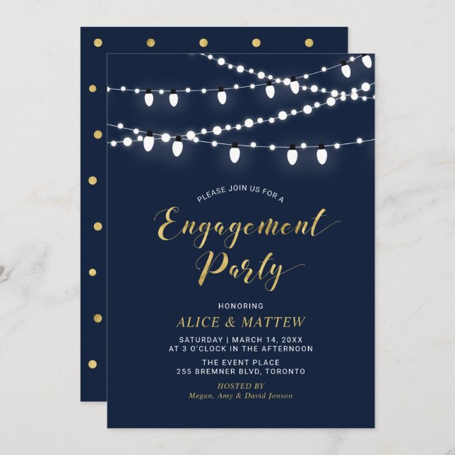 Gold & Navy Blue | Chic Modern Engagement Party In Invitation (Front/Back)