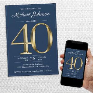 Gold Navy Blue Classy 40th Birthday Party Invitation
