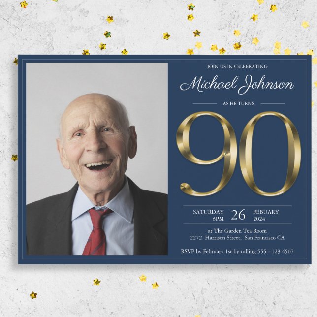 Gold Navy Blue Classy Photo 90th Birthday Party Invitation (Gold Navy Blue Classy Photo 90th Birthday Party Invitation)