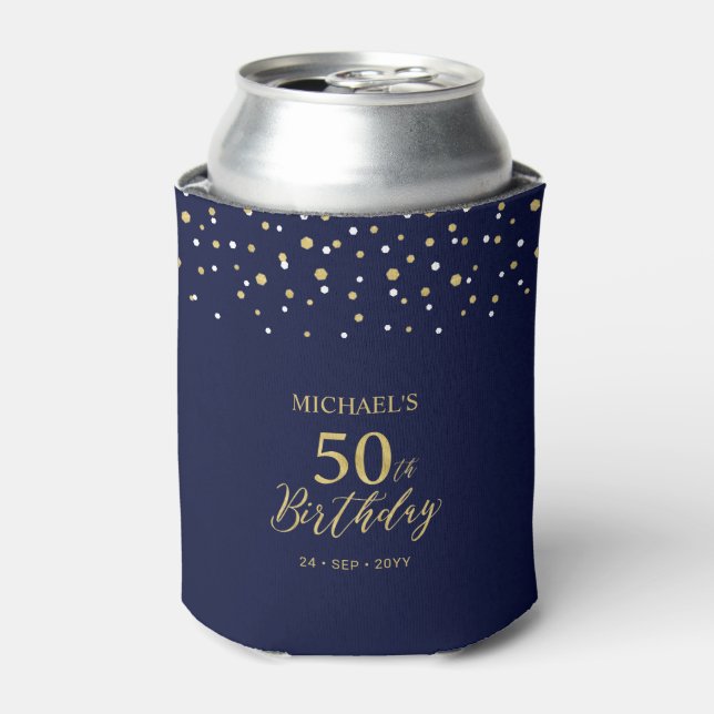 Gold Navy Blue Confetti 50th Birthday Party Favour Can Cooler (Can Front)
