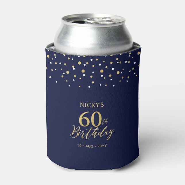 Gold Navy Blue Confetti 60th Birthday Party Favour Can Cooler (Can Front)