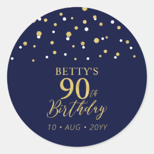 Gold Navy Blue Confetti 90th Birthday Party Favour Classic Round Sticker