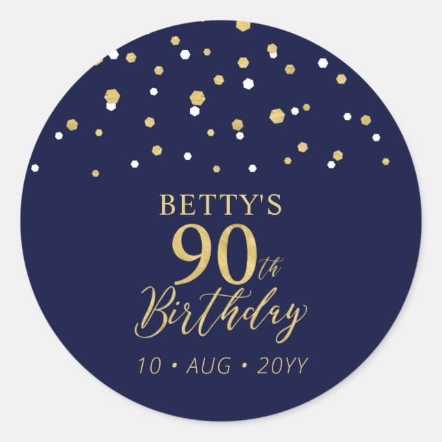 Gold Navy Blue Confetti 90th Birthday Party Favour Classic Round Sticker (Front)