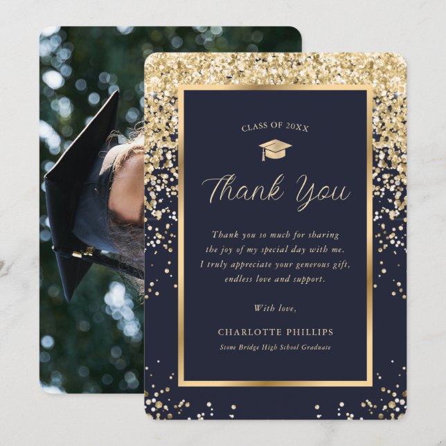 Gold Navy Blue Confetti Grad Cap Photo Graduation Thank You Card (Front/Back)