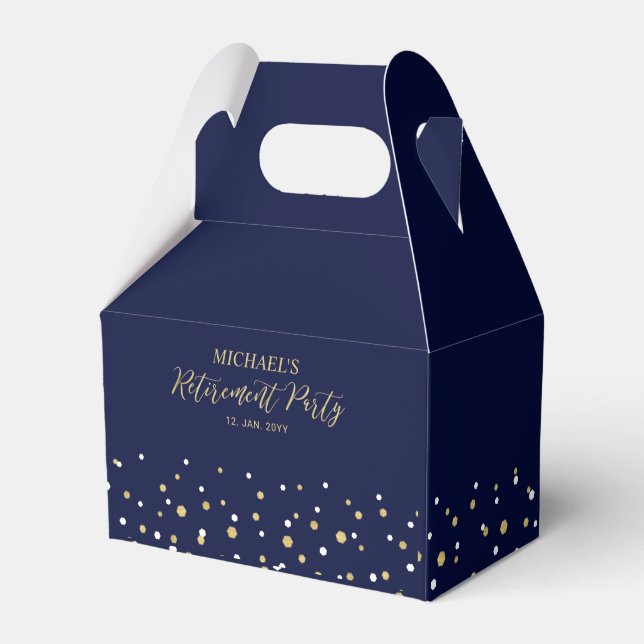 Gold & Navy Blue Confetti Modern Retirement Party Favour Box (Front Side)