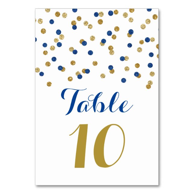 Gold Navy Blue Confetti Wedding Table Number Cards (Front)