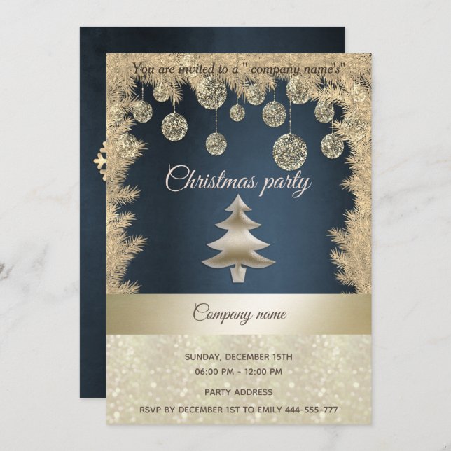 Gold navy blue corporate Christmas party Invitation (Front/Back)