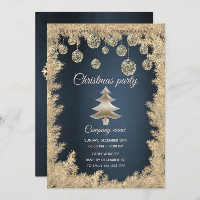 Gold navy blue corporate Christmas party Invitation (Front/Back)