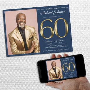Gold Navy Blue Custom Photo Surprise 60th Birthday Invitation