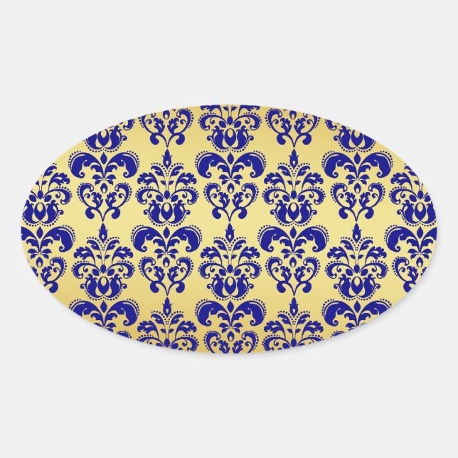 Gold, Navy Blue Damask Pattern 2 Oval Sticker (Front)