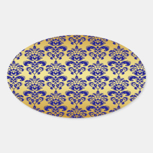 Gold, Navy Blue Damask Pattern 2 Oval Sticker