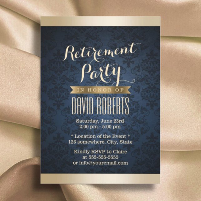 Gold & Navy Blue Damask Pattern Retirement Party Invitation (Creator Uploaded)
