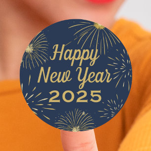 Gold Navy Blue Elegant 2025 Happy New Year Party Classic Round Sticker