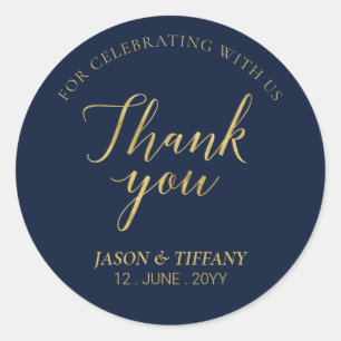 Gold & Navy Blue   Elegant Party Favour Thank you Classic Round Sticker