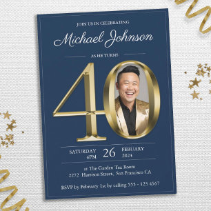 Gold Navy Blue Elegant Photo 40th Birthday Party Invitation
