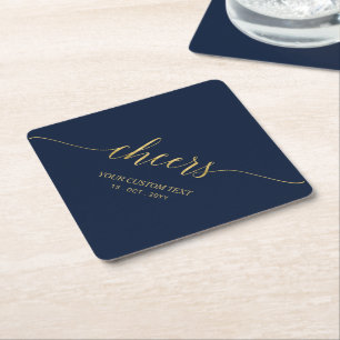 Gold & Navy Blue Elegant Stylish Lettering Cheers Square Paper Coaster