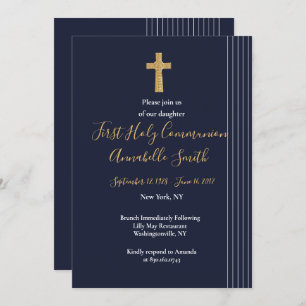 Gold navy blue elegant typography First Holy Comm Invitation