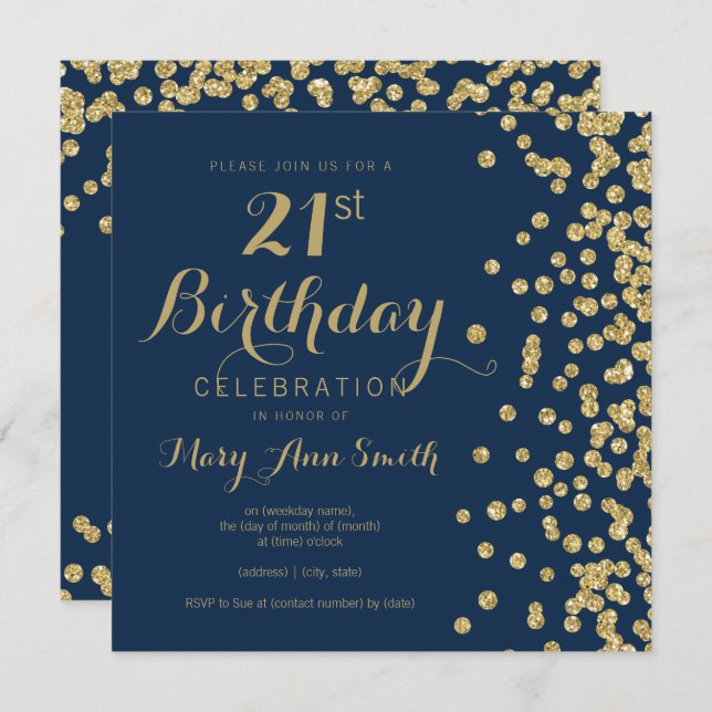 Gold Navy Blue Faux Glitter Confetti 21st Birthday Invitation (Front/Back)