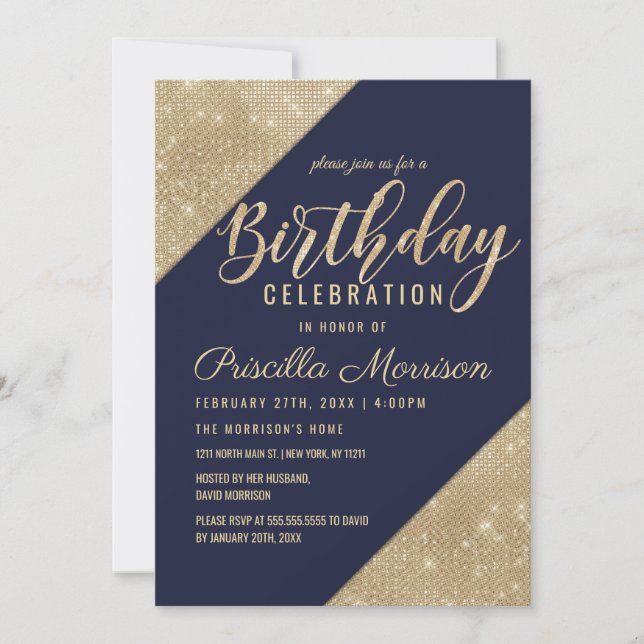 Gold Navy Blue Faux Glitter Sequin Birthday Invitation (Front)
