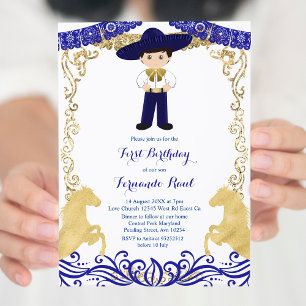 Gold Navy Blue  Fiesta Boy Birthday Invitation