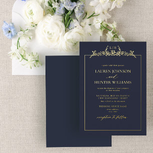 Gold Navy Blue Floral Border Monogram Wedding
