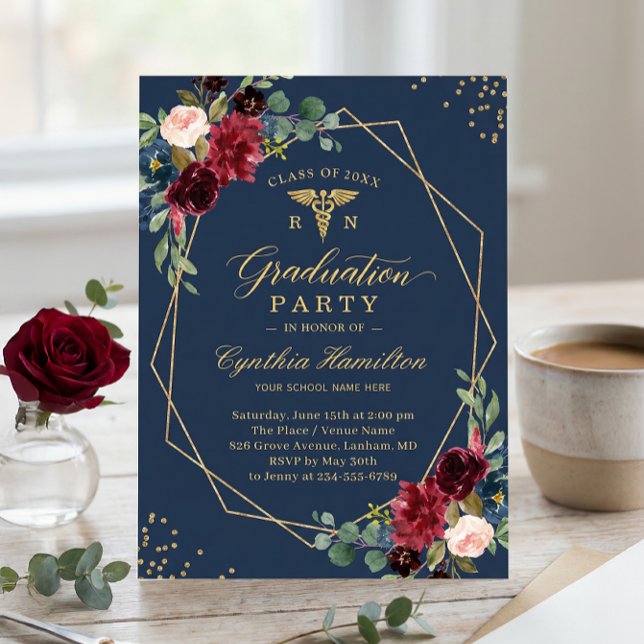 Gold Navy Blue Floral for RN Graduates Graduation Invitation (Creator Uploaded)