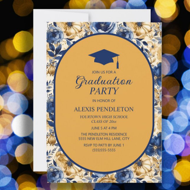 Gold Navy Blue Floral High School Graduation Cap Invitation (Blue and gold floral graduation party invitation)