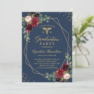 Gold Navy Blue Floral Nursing School Graduation Invitation