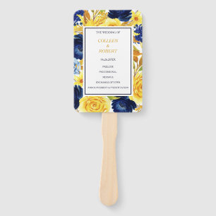 Gold Navy Blue Floral Wedding Hand Fan