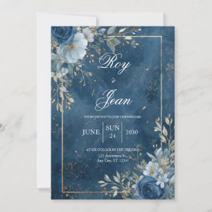 Gold Navy Blue Floral Winter Wedding Invitation