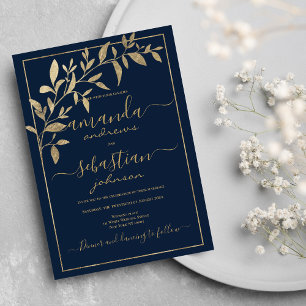 Gold navy blue foliage floral calligraphy wedding invitation