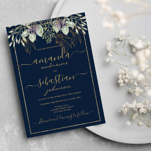 Gold navy blue foliage floral calligraphy wedding invitation