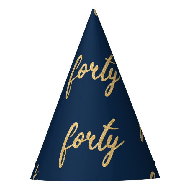 Gold Navy Blue "Forty" 40 Birthday Party Glitter Party Hat (Front)