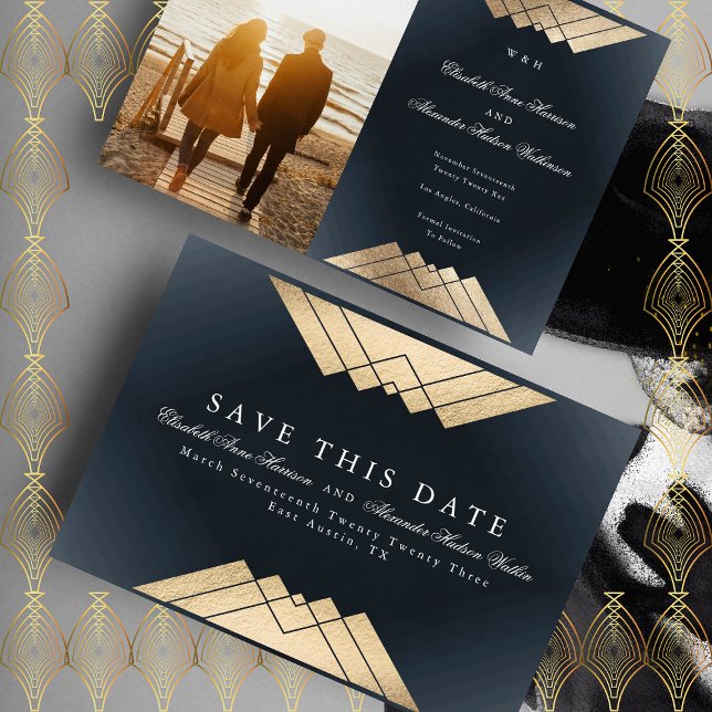 Gold Navy Blue Geometric Gatsby Foil Save The Date Announcement (Creator Uploaded)