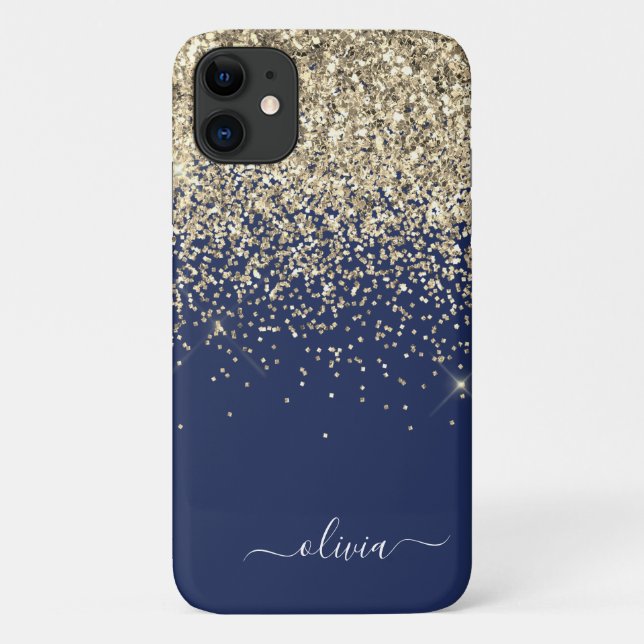Gold Navy Blue Girly Glitter Sparkle Monogram Name Case-Mate iPhone Case (Back)