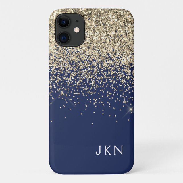 Gold Navy Blue Girly Glitter Sparkle Monogram Name Case-Mate iPhone Case (Back)