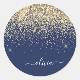 Gold Navy Blue Girly Glitter Sparkle Monogram Name Classic Round Sticker