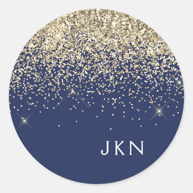Gold Navy Blue Girly Glitter Sparkle Monogram Name Classic Round Sticker (Front)
