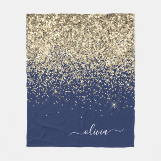 Gold Navy Blue Girly Glitter Sparkle Monogram Name Fleece Blanket