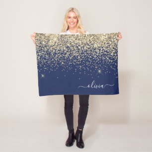 Gold Navy Blue Girly Glitter Sparkle Monogram Name Fleece Blanket