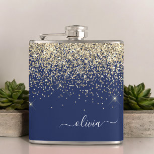Gold Navy Blue Girly Glitter Sparkle Monogram Name Hip Flask