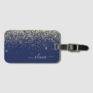 Gold Navy Blue Girly Glitter Sparkle Monogram Name Luggage Tag