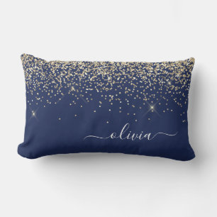 Gold Navy Blue Girly Glitter Sparkle Monogram Name Lumbar Cushion