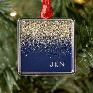 Gold Navy Blue Girly Glitter Sparkle Monogram Name Metal Ornament
