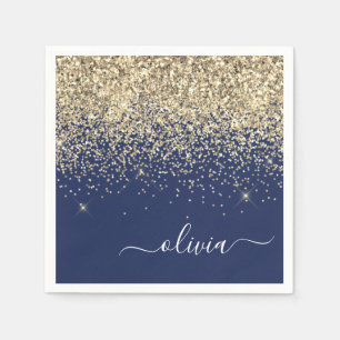 Gold Navy Blue Girly Glitter Sparkle Monogram Name Napkin