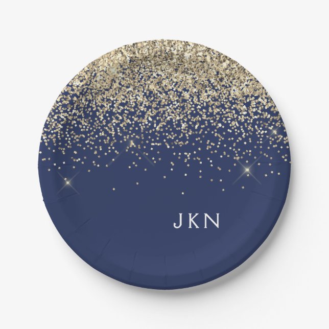 Gold Navy Blue Girly Glitter Sparkle Monogram Name Paper Plate (Front)