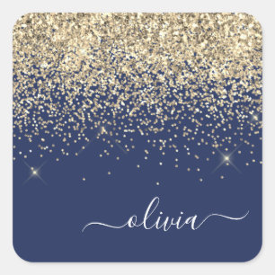 Gold Navy Blue Girly Glitter Sparkle Monogram Name Square Sticker