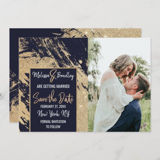 Gold Navy Blue Glitter Brushstrokes Save the Date Invitation (Front/Back)