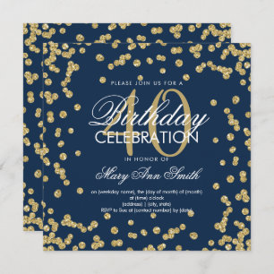 Gold Navy Blue Glitter Confetti 40th Birthday Invitation