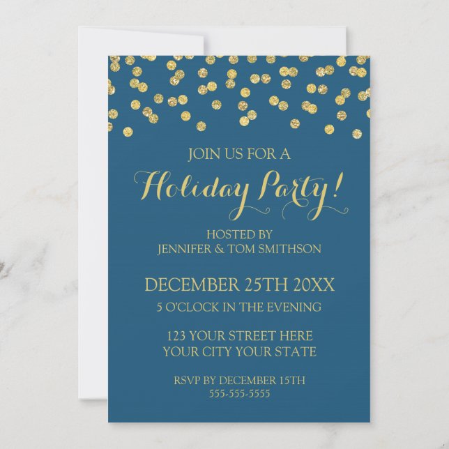 Gold Navy Blue Glitter Confetti Christmas Party Invitation (Back)